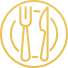 Logo Restaurant : Couverts et Assiette Dorés Logo stylisé doré représentant un ensemble couverts (fourchette et couteau) superposés devant une assiette circulaire, symbole de restaurant ou service de repas.